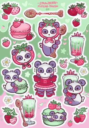 Strawberry Matcha theme, Panda mascot Sticker Sheet Design